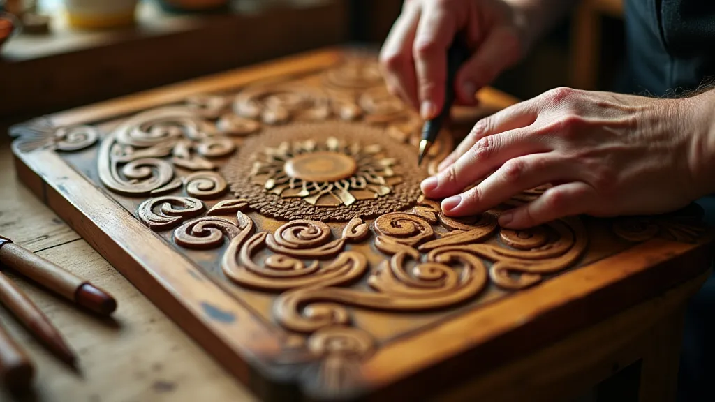 A craftsman carving a wooden game board.