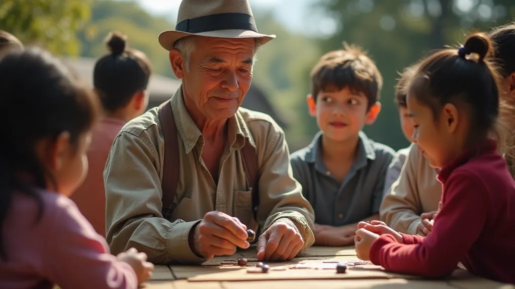 Elderly man teaching children a traditional game